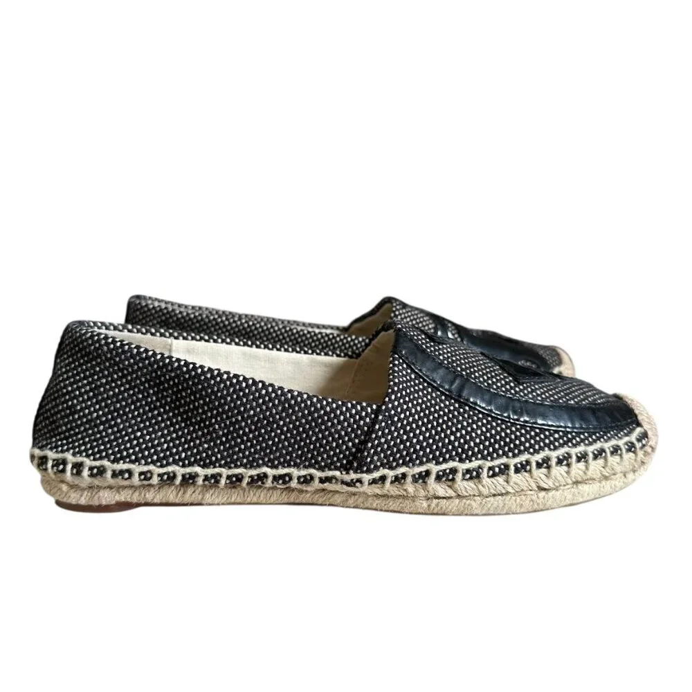 Tory Burch Lonnie Leather Logo Woven Espadrille Flats Size 6.5